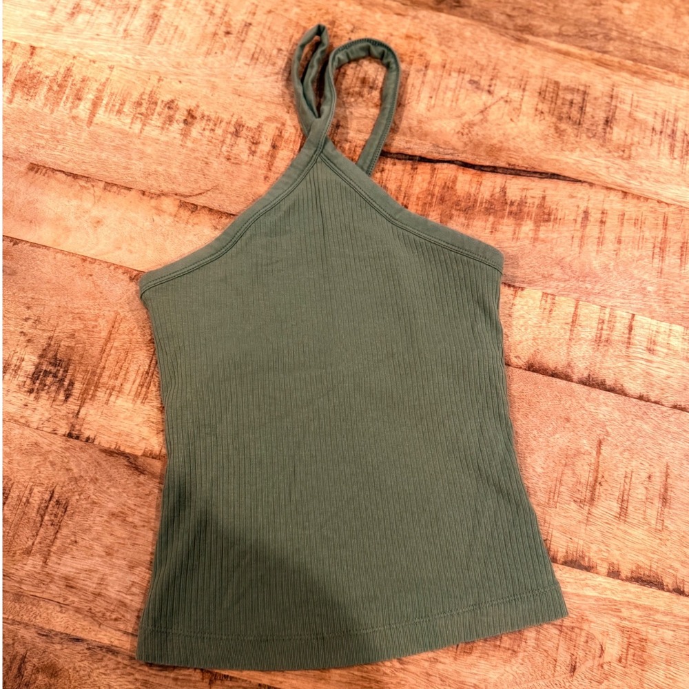 Old Navy Olive Green Ribbed Halter Neck Tank Top XS Slim Fit Sleeveless